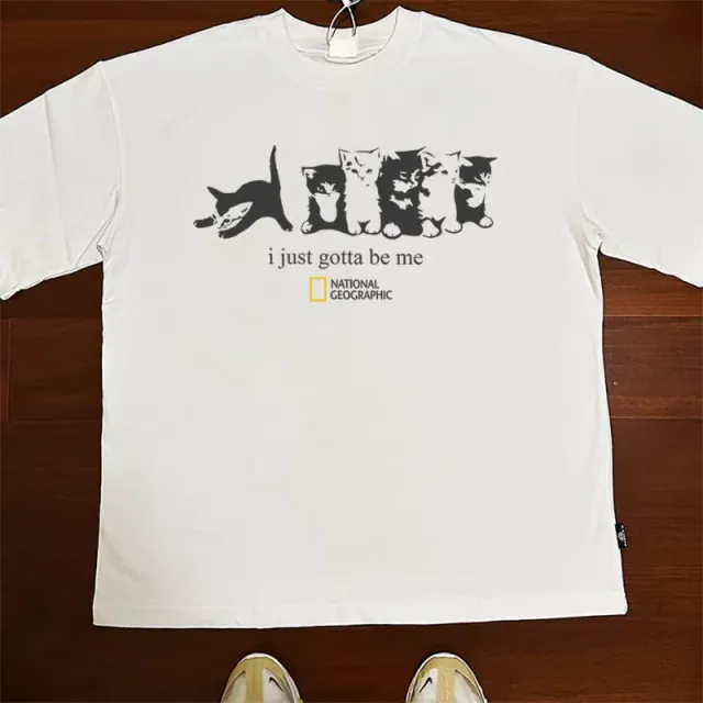 白色短袖特立独行猫咪 纯棉