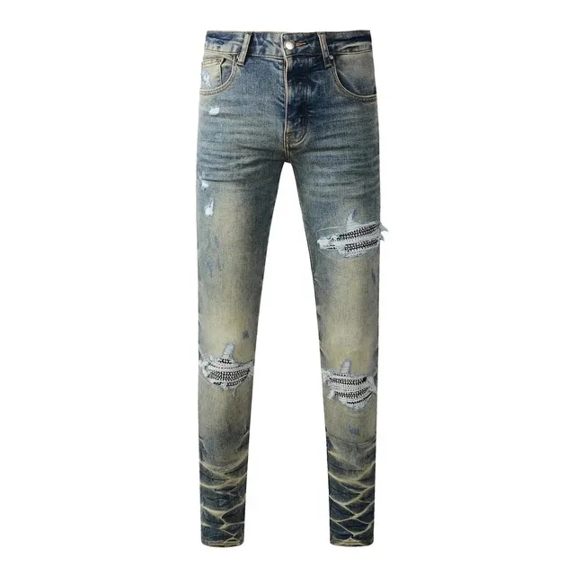 Distressed Slim Fit Jeans Washed with Crystal-Embellished Rips