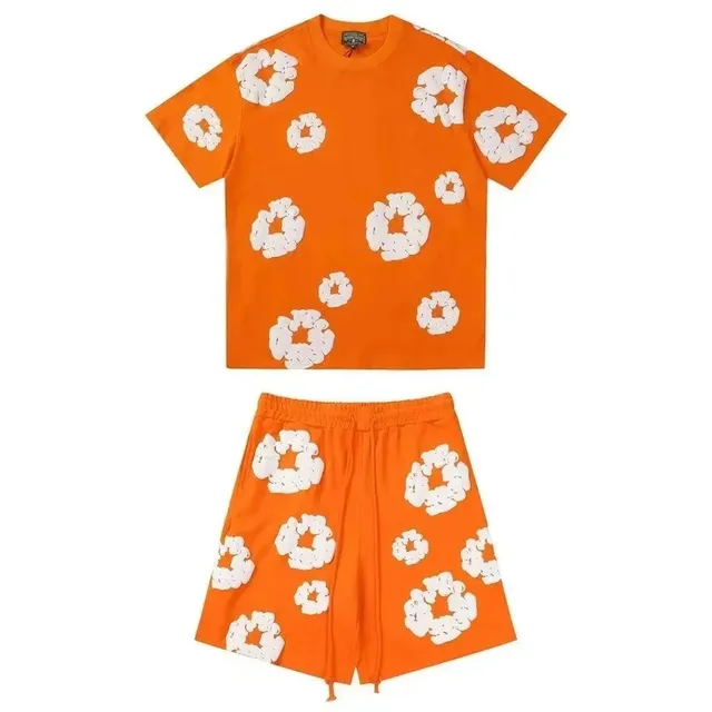 Corteiz Flower Print Set Orange with White Floral Appliqué