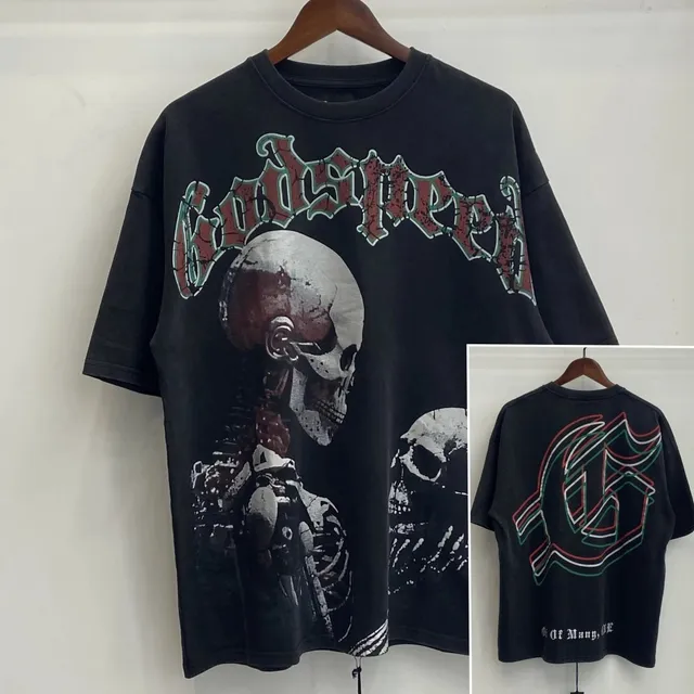 Godspeed Skull Graphic Tee Distressed Logo & Skeleton Print