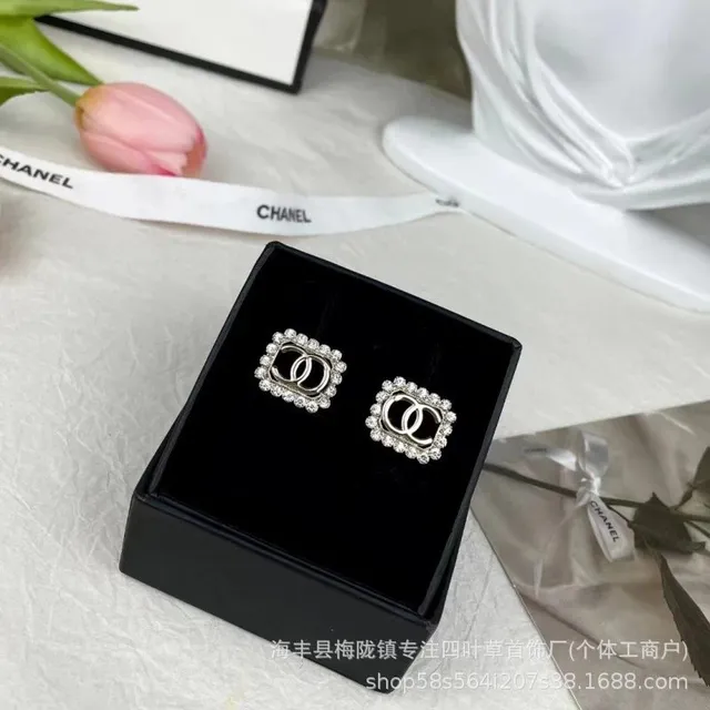 Chanel CC Logo Stud Earrings Crystal-Encrusted Square Frame
