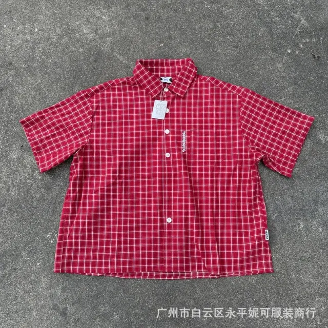 Nike Short-Sleeve Button-Up Shirt Red Grid Check