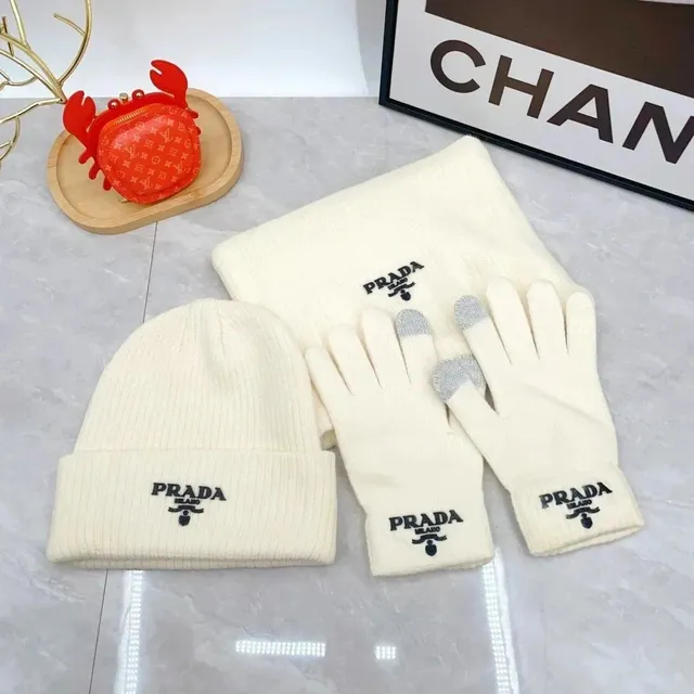 Prada Knit Beanie and Gloves Set Logo-Embroidered