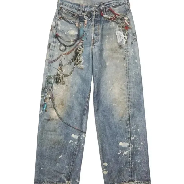 Distressed Denim Trousers Paint-Splattered with Chain Accents