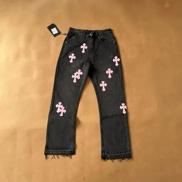 Chrome Hearts Cross Patch Jeans Pink Cross Appliqué
