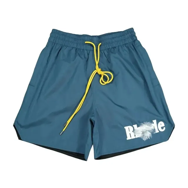 Rhude Logo Shorts Navy with Yellow Drawstring