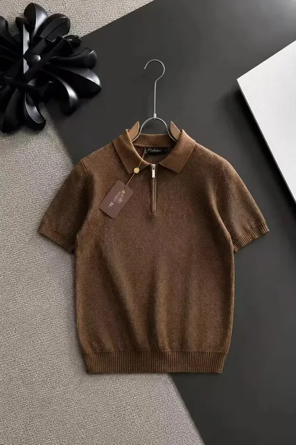 Fendi Zip Polo Knit Metallic Brown