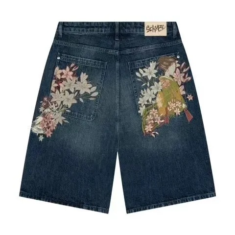 Denim Shorts Floral Embroidered