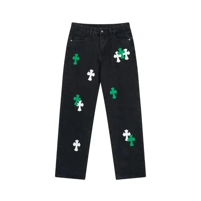 Chrome Hearts Cross-Embroidered Jeans Black with Green and White Crosses