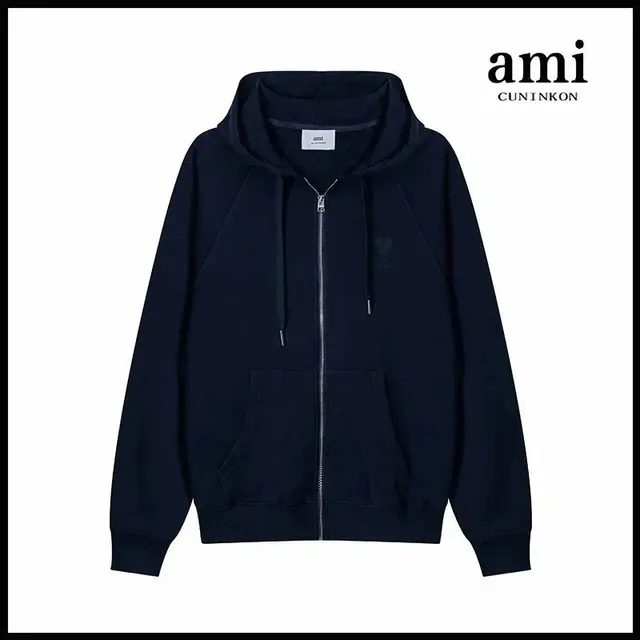 AMI Paris Zip-Up Hoodie Solid Navy