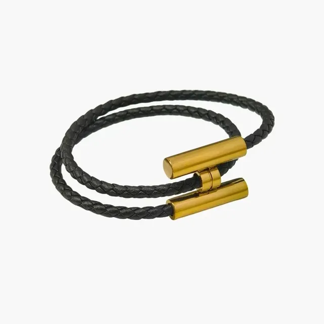 Chrome Hearts Braided Leather Bracelet Gold Cylinder Clasp