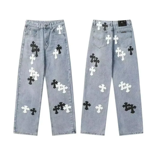 Chrome Hearts Cross Patch Jeans Black and White Cross Appliqué