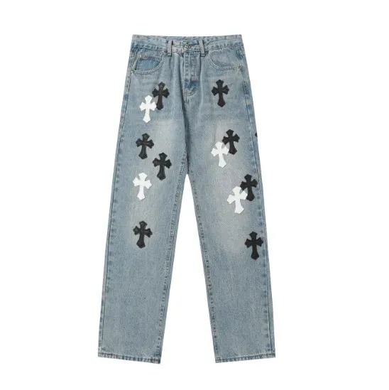 Chrome Hearts Cross Patch Jeans Light Wash with Black and White Cross Patches