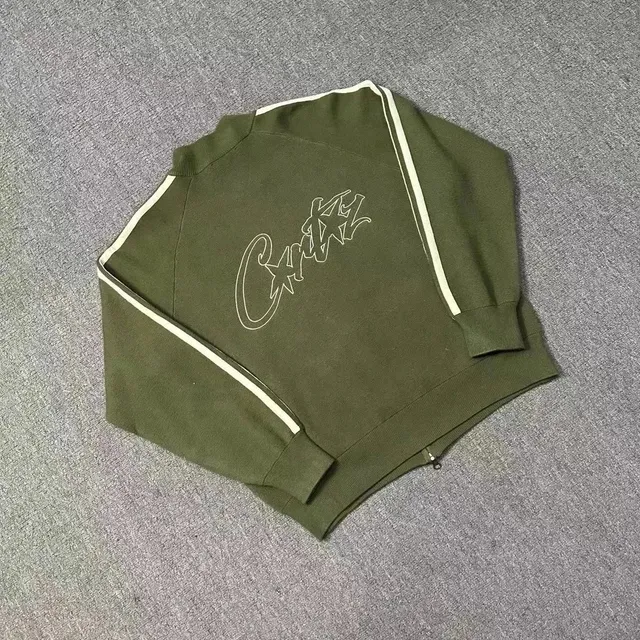 Corteiz Zip-Up Sweatshirt Olive with White Stripe and Logo
