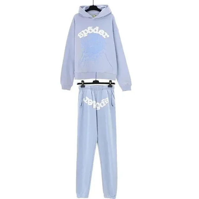 Sp5der Hoodie and Joggers Set Light Blue with Logo Print