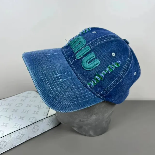 Miu Miu Denim Cap Embroidered Logo with Floral Trim