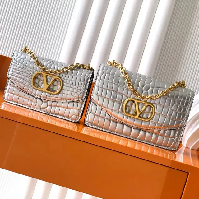 Valentino VLogo Chain Bag Crocodile-Embossed
