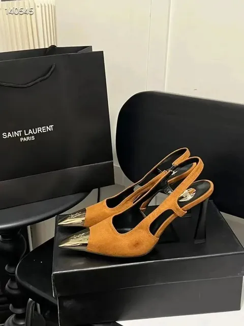 Saint Laurent Tribute Heel Suede with Metallic Cap
