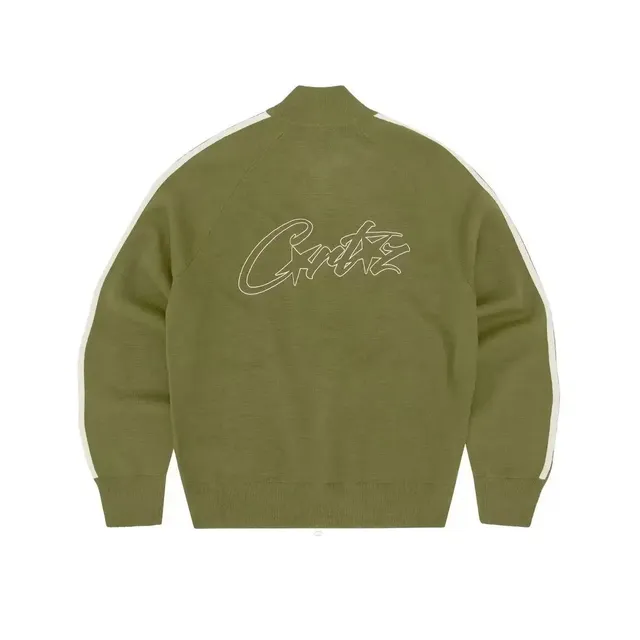 Corteiz Knit Track Jacket Olive with White Stripes