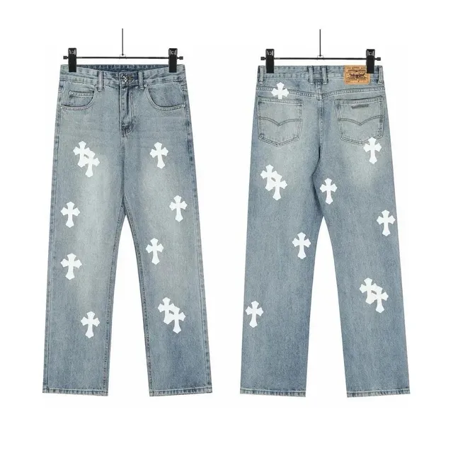 Chrome Hearts Cross Print Jeans Light Wash with White Crosses