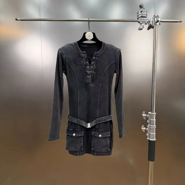 Chanel Corduroy Mini Dress Lace-Up Front with Belted Waist
