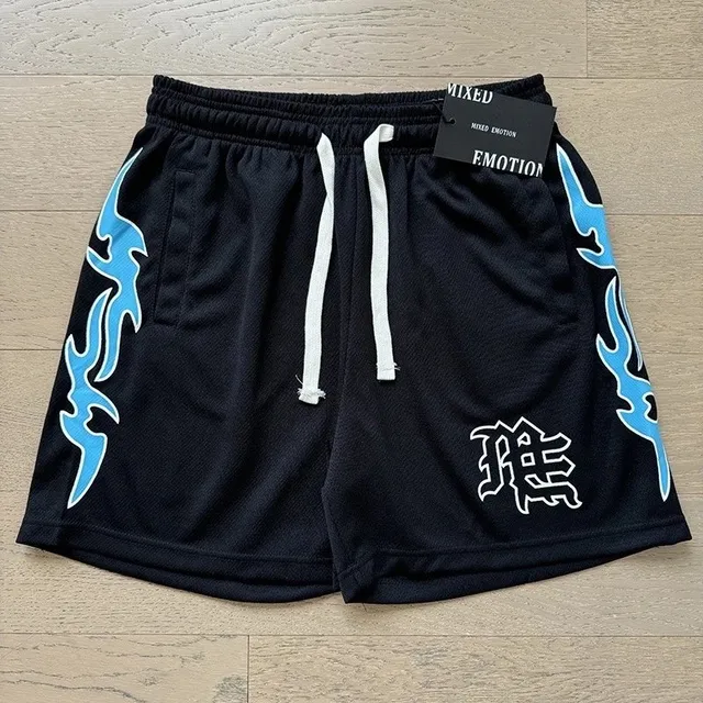 Mixed Emotion Flame Mesh Shorts Blue Flame Print