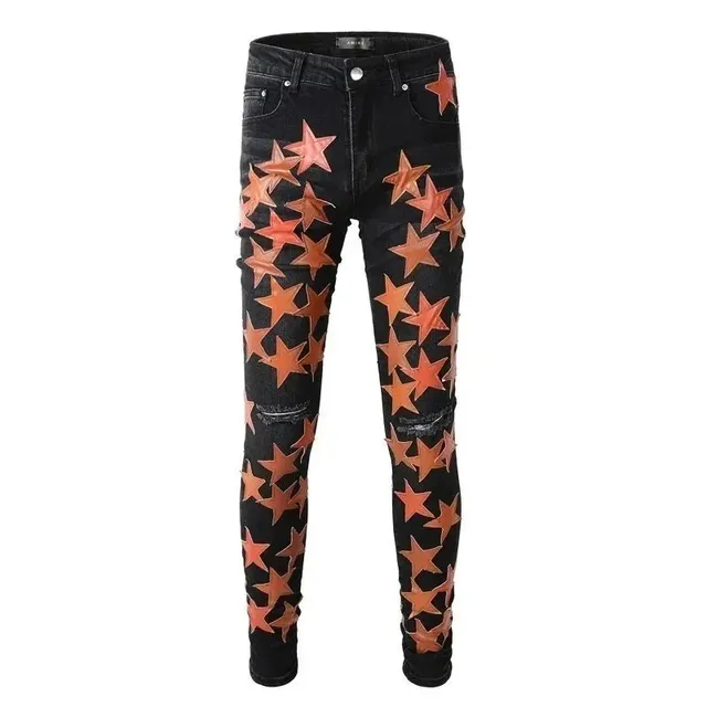 Amiri Star Patch Jeans Black with Orange Star Appliqués