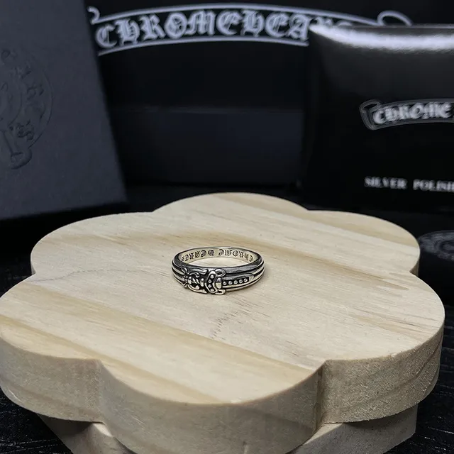 Chrome Hearts Cross Dagger Ring Silver with Engraved Band