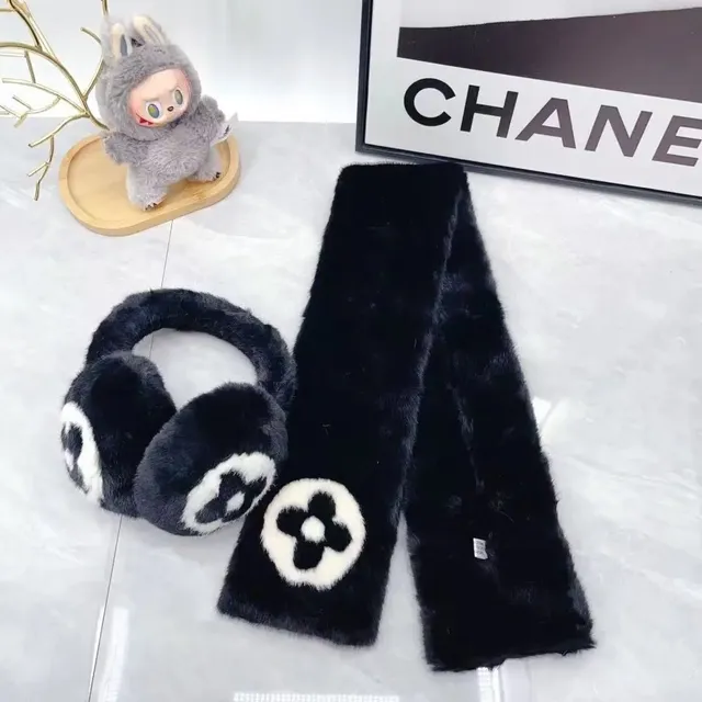 Louis Vuitton Monogram Fur Scarf and Earmuffs Set Black with White Monogram