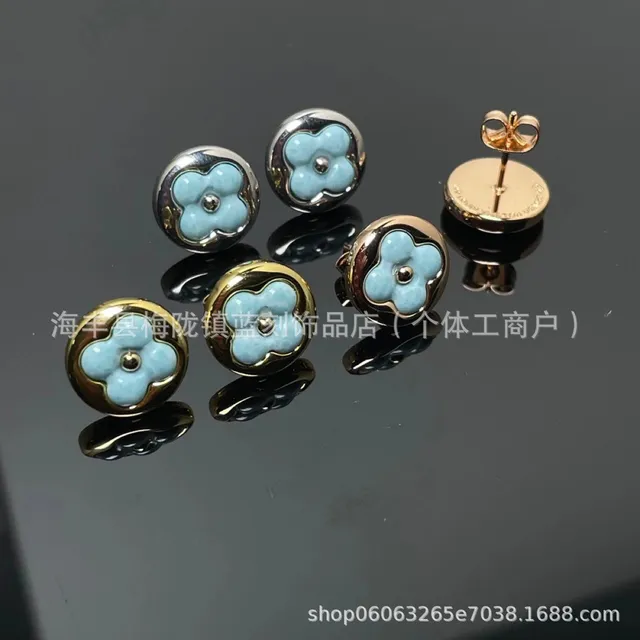 Louis Vuitton Flower Stud Earrings Turquoise Enamel