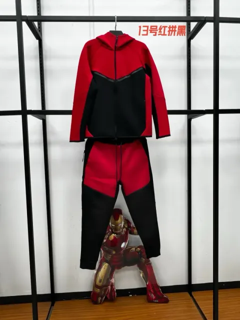 Nike Tech Fleece Hoodie and Joggers Red/Black Colorblock