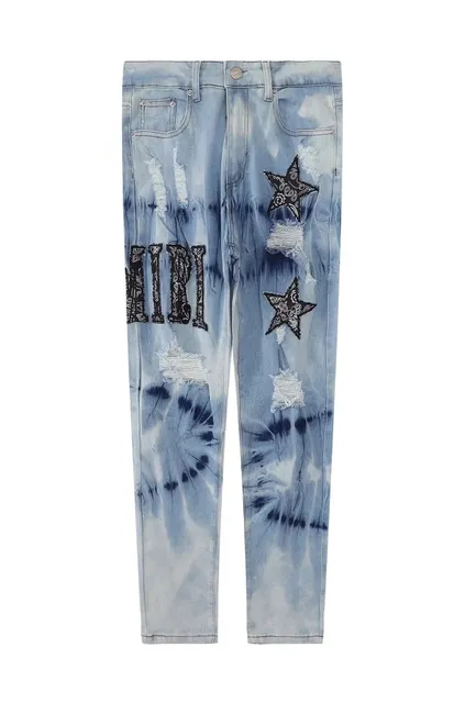 Amiri Distressed Tie-Dye Jeans Star Patch & Bandana Print
