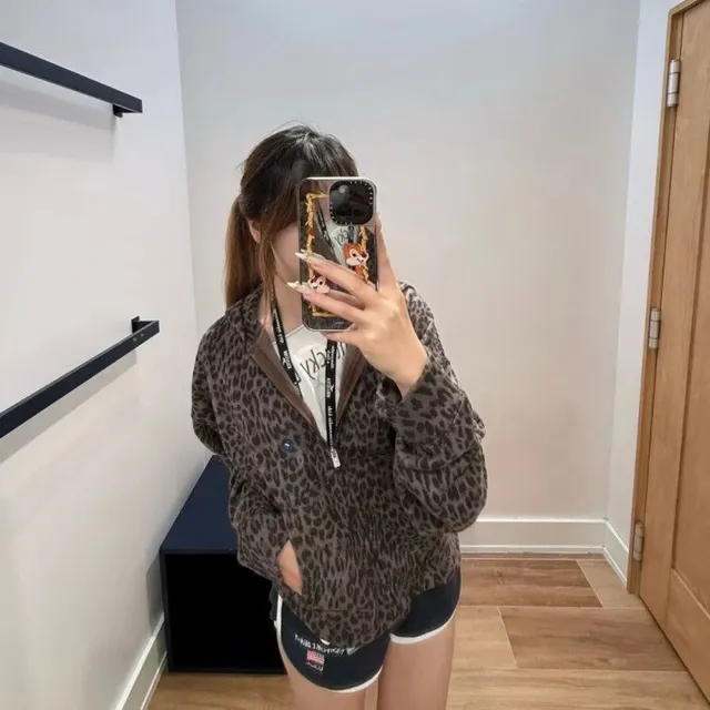 Leopard Print Zip-Up Hoodie Fuzzy Fleece