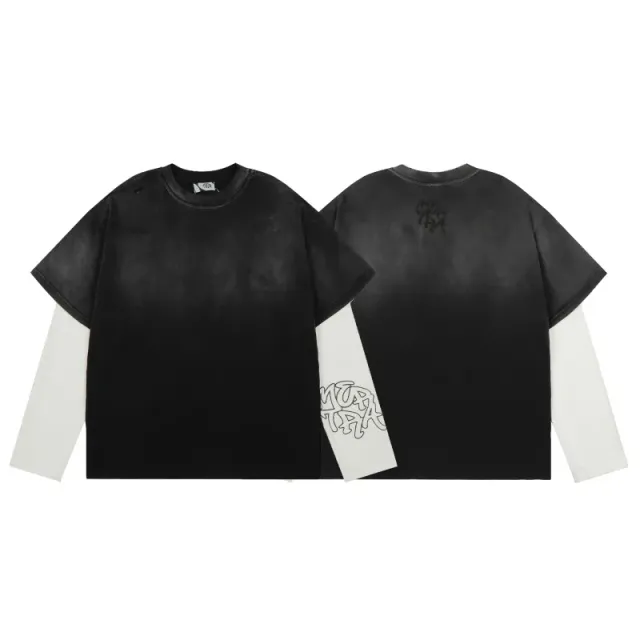 Mertra Long-Sleeve Layered Tee Black Fade with White Sleeve Print