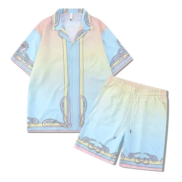 Short-Sleeve Shirt and Shorts Set Pastel Gradient with Ornamental Print