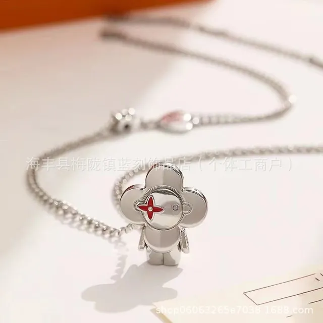 Louis Vuitton Flower Pendant Necklace Four-Leaf Clover with Red Enamel