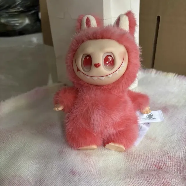 Labubu Plush Figure Furry Pink with Red Eyes