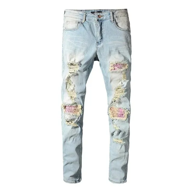 Distressed Slim Fit Jeans Light Wash with Pink Patch Detail