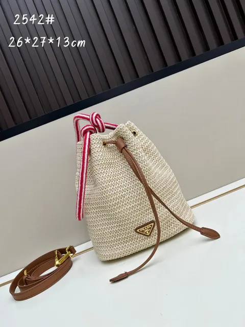 Prada Drawstring Bucket Bag Raffia with Red-White Rope