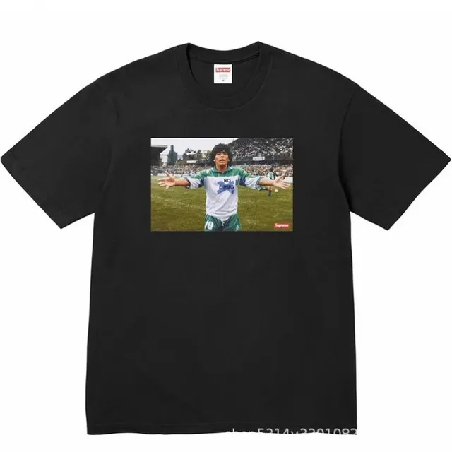 t-shirt black with photo print of soccer player and small Supreme logo