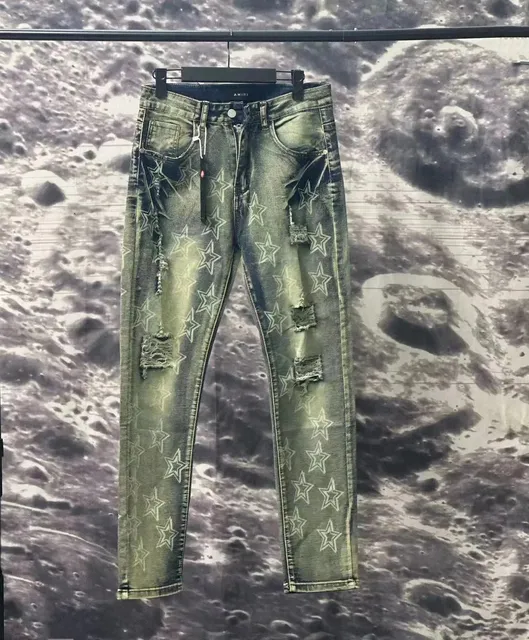 Amiri Star Print Distressed Jeans Olive Wash with White Stars