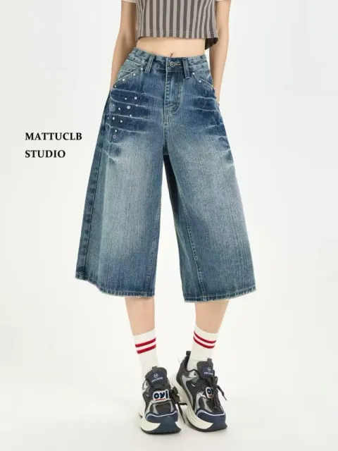 Cropped Wide-Leg Denim Shorts Studded Distressed