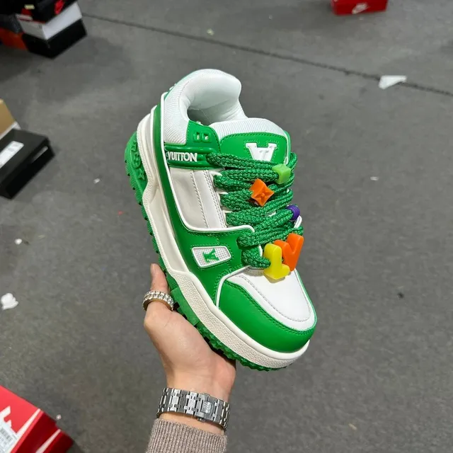 Louis Vuitton LV Trainer Green and White with Colorful Lace Locks