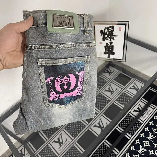 Gucci Denim Jeans Pink GG Print Pocket
