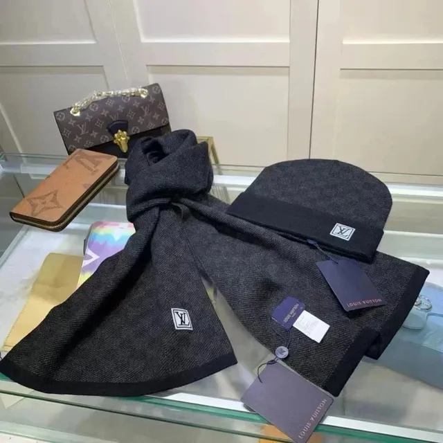 Louis Vuitton Scarf and Beanie Set Monogram Logo