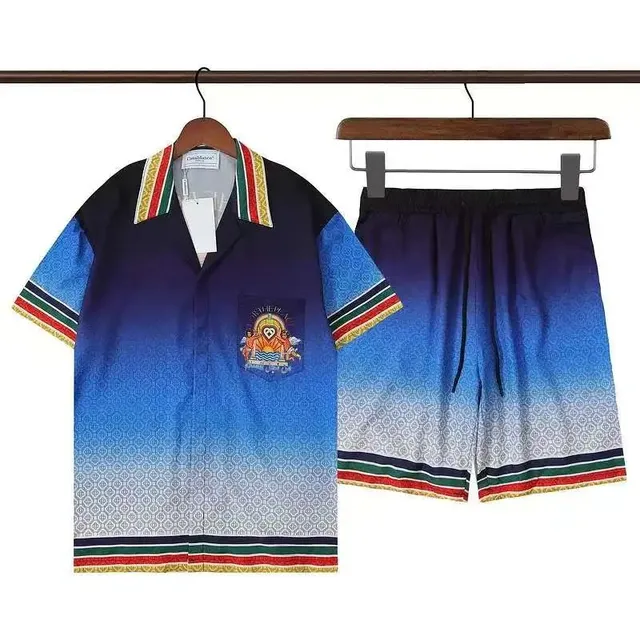 Dior Gradient Camp Collar Shirt and Shorts Set Ombre Print with Embroidered Crest
