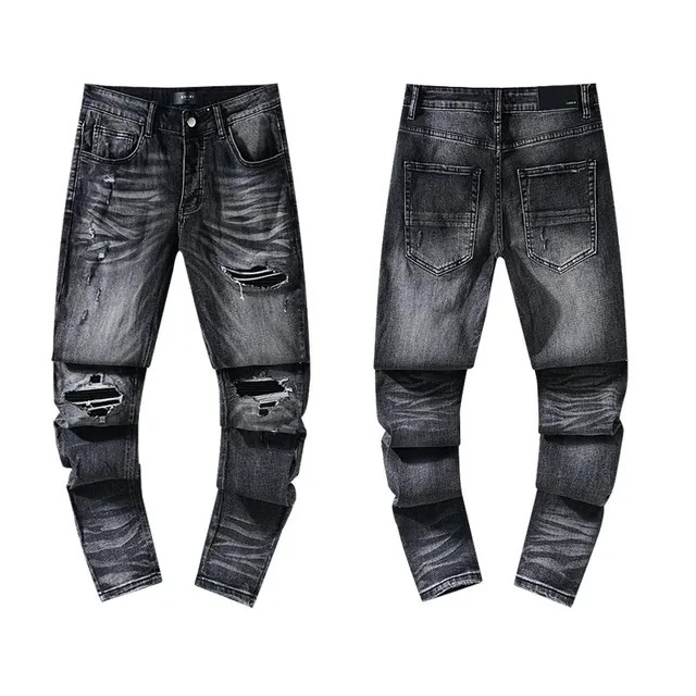 Distressed Slim Fit Jeans Black Wash with Ripped Details