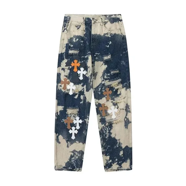 Chrome Hearts Distressed Jeans Bleach Wash with Cross Patches