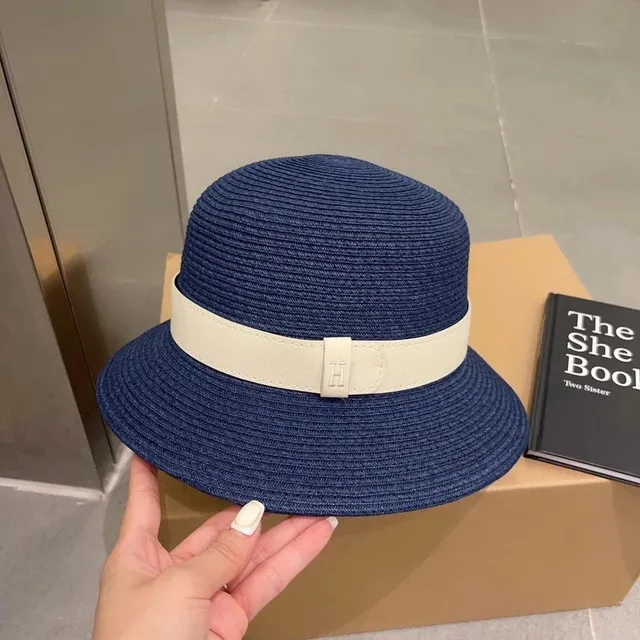 Hermès Straw Hat Navy with Beige Leather Band