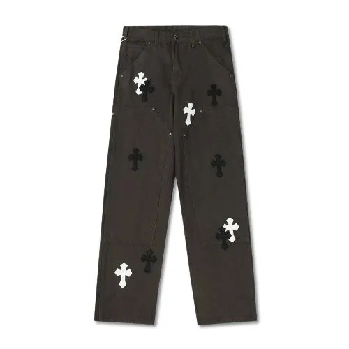 Chrome Hearts Cross-Embroidered Trousers Black and White Cross Appliqué